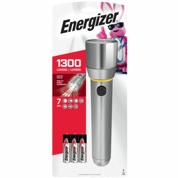 Energizer Vision HD Flashlight with Digital Focus - LED - 1300 lm Lumen - 6 x AA - Battery - Metal - Water Resistant - Chrome