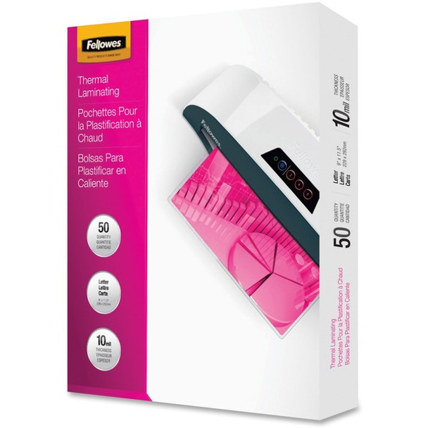 Fellowes Letter-Size Laminating Pouches - Sheet Size Supported: Letter - Laminating Pouch/Sheet Size: 9" Width x 10 mil Thickness - Type G - Glossy - for Document, Sign - Durable - Clear - 50 / Pack