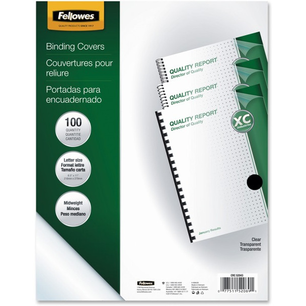 Fellowes Letter Report Cover - 8 1/2" x 11" - Plastic - Clear - 100 / Pack