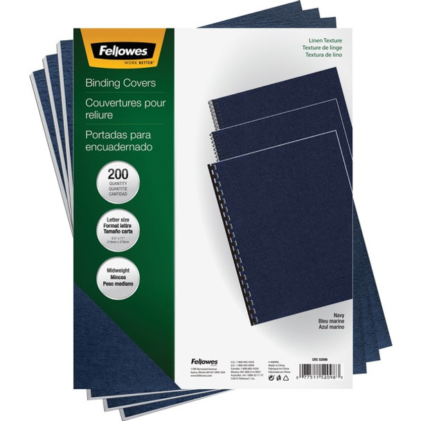 Fellowes Expressions Linen Presentation Covers - 11" Height x 8.5" Width x 0.1" Depth - For Letter 8 1/2" x 11" Sheet - Navy - Linen - 200 / Pack