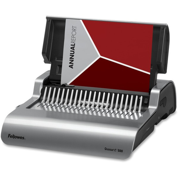 Fellowes Quasar&trade; E 500 Electric Comb Binding Machine w/ Starter Kit - CombBind - 500 Sheet(s) Bind - 25 Punch - 5.1" x 16.9" x 15.4" - Metallic Silver, Black