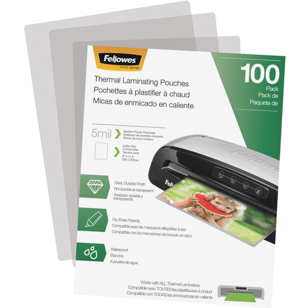 Fellowes Letter-Size Thermal Laminating Pouches - Sheet Size Supported: Letter 8.50" Width x 11" Length - Laminating Pouch/Sheet Size: 9" Width5 mil Thickness - Glossy - for Document - Durable, Photo-safe, Erasable, Water Proof - Clear - 100 / Pack