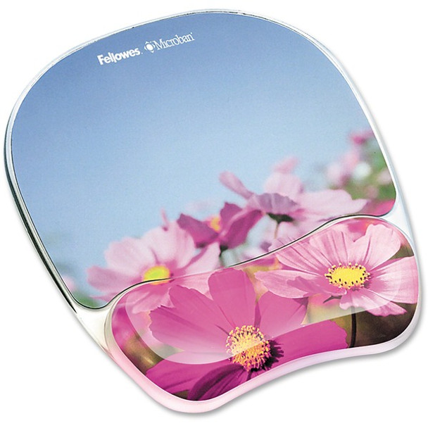 Fellowes Photo Gel Mouse Pad Wrist Rest with Microban&reg; - Pink Flowers - 9.25" x 7.88" x 0.88" Dimension - Multicolor - Rubber, Gel - Stain Resistant, Skid Proof - 1 Pack