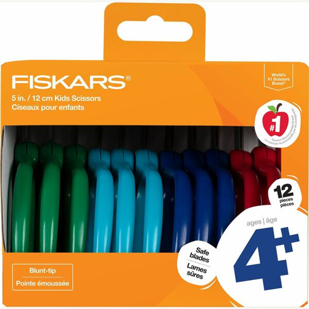 Fiskars 5" Blunt-tip Kids Scissors - Safety Edge Blade - Blunted Tip - Green, Turquoise, Blue, Red - 12 / Pack