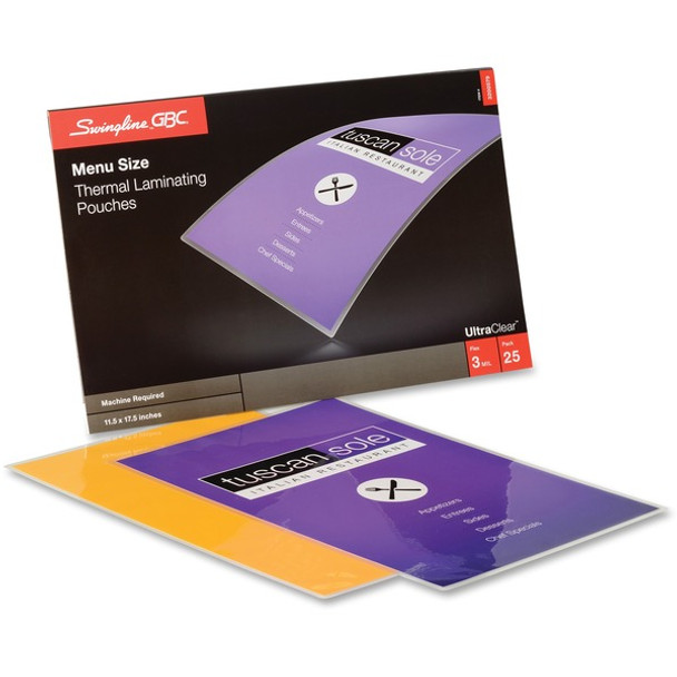 GBC UltraClear Thermal Laminating Pouches - Sheet Size Supported: Menu - Laminating Pouch/Sheet Size: 11.50" Width x 17.50" Length x 3 mil Thickness - Glossy - Flexible, Wear Resistant, Tear Resistant - Clear - 25 / Pack