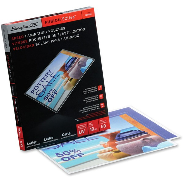 GBC Fusion EZUse Laminating Pouches - Sheet Size Supported: Letter - Laminating Pouch/Sheet Size: 8.50" Width x 11" Length x 10 mil Thickness - Glossy - for Document - UV Resistant, Fade Resistant - Clear - 50 / Box