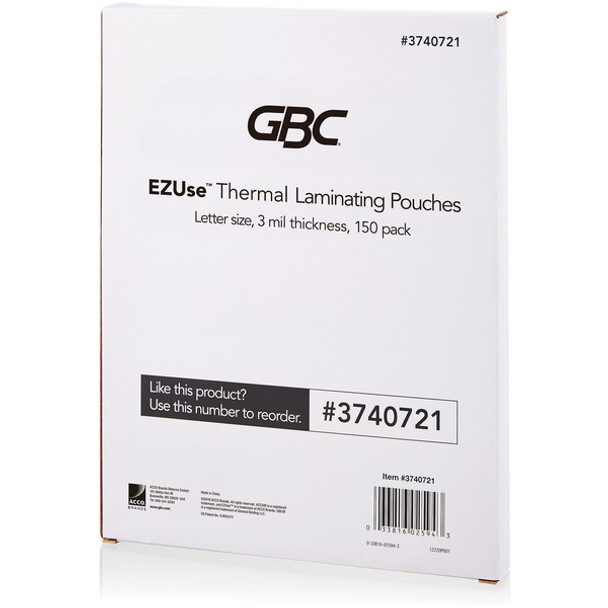 GBC Fusion EZUse Laminating Pouches - Sheet Size Supported: Letter 8.50" Width x 11" Length - Laminating Pouch/Sheet Size: 3 mil Thickness - Glossy - for Document - UV Resistant, Durable - Clear - 150 / Pack