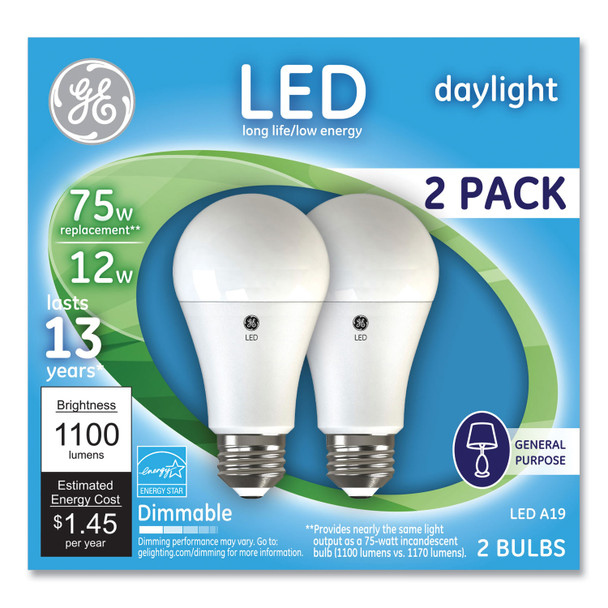 75W LED Bulbs, A19, 12 W, Daylight, 2/Pack