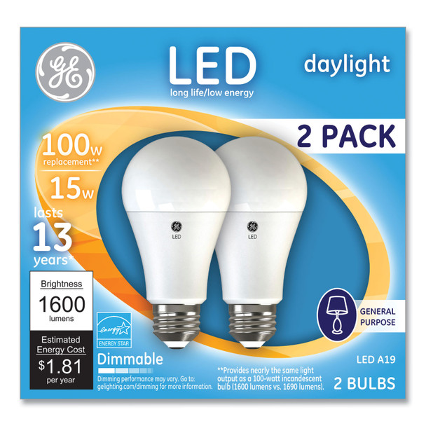 100W LED Bulbs, A19, 15 W, Daylight, 2/Pack