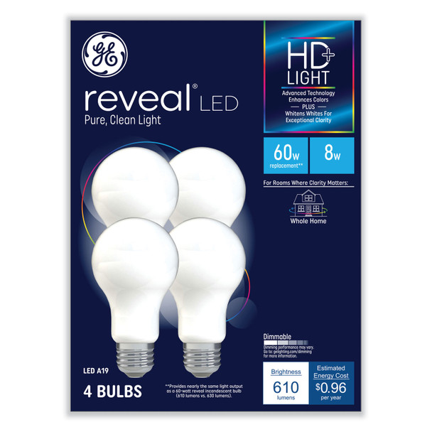 Reveal HD+ LED A19 Light Bulb, 8 W, 4/Pack