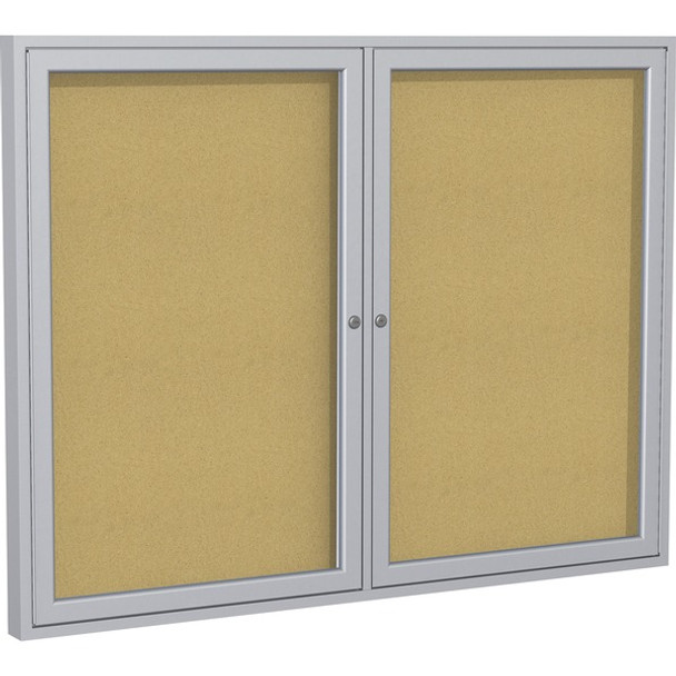 Ghent 2-Door Enclosed Bulletin Board - 36" Height x 60" Width - Cork Surface - Shatter Resistant, Self-healing - Satin Aluminum Frame - 1 Each
