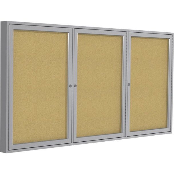 Ghent 3 Door Enclosed Natural Cork Bulletin Board with Satin Frame - 48" Height x 96" Width - Natural Cork Surface - Locking Door, Self-healing, Illuminated, Tamper Proof - Satin Aluminum Frame - 1 Each - TAA Compliant
