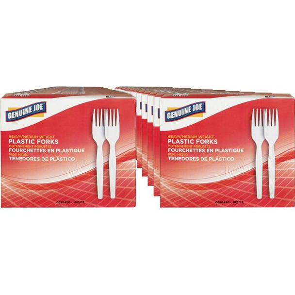 Genuine Joe Heavyweight White Plastic Forks - 100 / Box - 40/Carton - Disposable - White