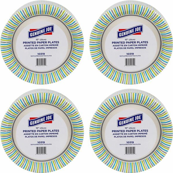 Genuine Joe 10" Printed Paper Plates - 125 / Pack - Disposable - Assorted - 4 / Carton