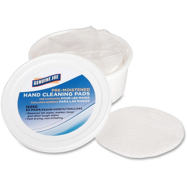 Genuine Joe Pre-moistened Hand Cleaning Pads - 3" Roll Diameter - White - Quick Drying, Pre-moistened, Non-irritating - For Multi Surface, Hand, Tools - 50 Per Pack - 72 / Carton