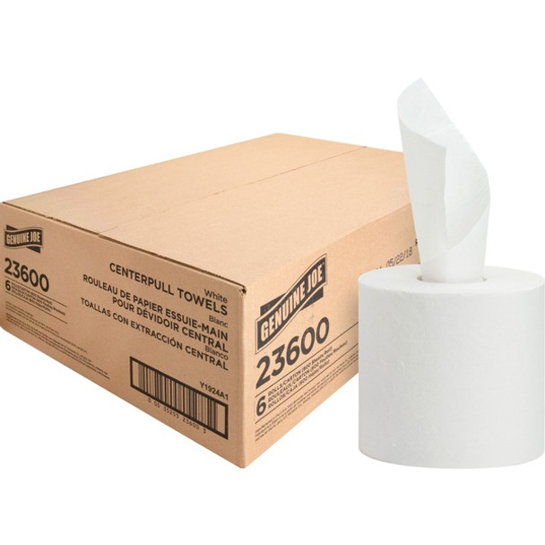 Genuine Joe Centerpull Paper Towels - 2 Ply - 600 Sheets/Roll - 3.02" Core - White - Fiber - Non-chlorine Bleached, Center Pull - For Washroom - 6 / Carton
