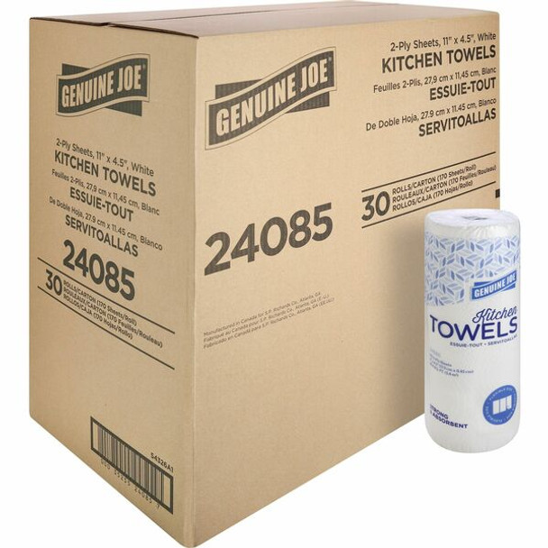 Genuine Joe Kitchen Roll Flexible Size Towels - 2 Ply - 1.63" Core - White - Paper - Flexible, Perforated, Absorbent, Soft - For Kitchen, Multipurpose, Breakroom - 30 / Carton