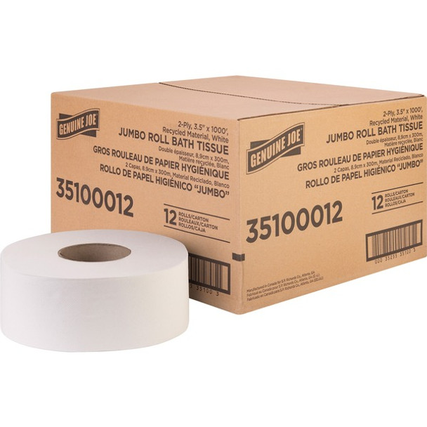 Genuine Joe Jumbo Jr Dispenser Bath Tissue Roll - 2 Ply - 3.50" x 1000 ft - 8.88" Roll Diameter - White - Fiber - Sewer-safe, Septic Safe - For Bathroom - 12 / Carton