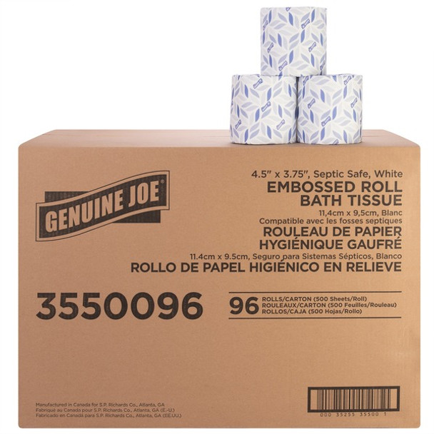 Genuine Joe 2-ply Bath Tissue - 2 Ply - 4.50" x 3.80" - 500 Sheets/Roll - White - Fiber - Perforated, Absorbent, Soft - For Bathroom, Restroom - 96 / Carton