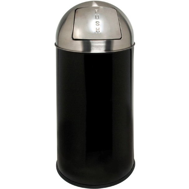 Genuine Joe Push Open Round Top Receptacle - 12 gal Capacity - Round - 29.2" Height x 14.8" Diameter - Black, Silver - 1 Each