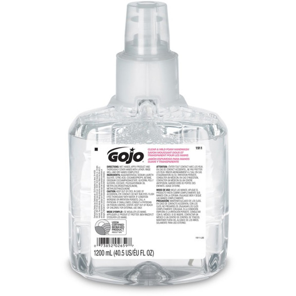Gojo&reg; LTX-12 Clear Mild Foam Handwash Refill - 40.6 fl oz (1200 mL) - Hand, Skin - Moisturizing - Clear - Fragrance-free, Dye-free, Bio-based, Rich Lather, Eco-friendly - 1 Each