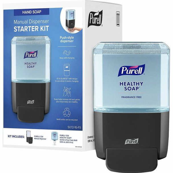 Gojo&reg; ES4 Push-Style Soap Dispenser Starter Kit - 1.27 quart Capacity - Hygienic, Dye-free, Fragrance-free, Refillable, Wall Mountable - Graphite