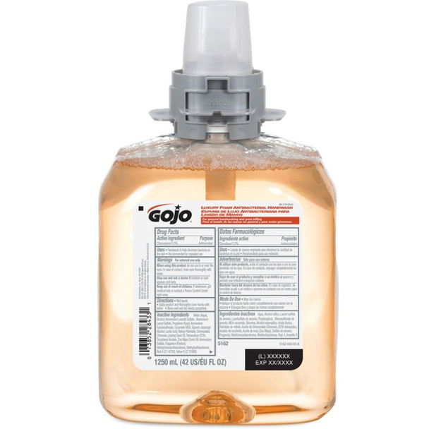 Gojo&reg; FMX-12 Refill Foam Antibacterial Handwash - Fresh Fruit ScentFor - 42.3 fl oz (1250 mL) - Bacteria Remover - Hand - Antibacterial - Amber - Triclosan-free - 1 Each