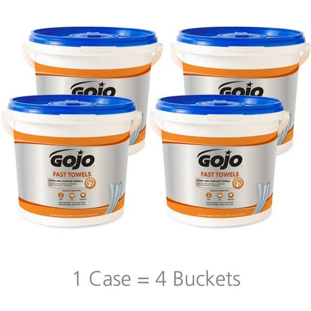 Gojo&reg; Fast Towels Bucket - Fresh Citrus - 130 Sheets - Blue, Clear - Moisturizing, Non-irritating, Heavy Duty, Cleaning - For Multipurpose - 130 Per Bucket - 4 / Carton