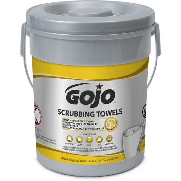 Gojo&reg; Scrubbing Towels - 10.50" x 13" - White - Heavy Duty, Non-irritating - For Hand - 72 Per Canister - 1 Each