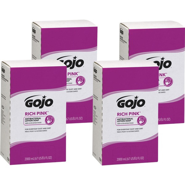 Gojo&reg; Rich Pink Antibacterial Lotion Soap Refill - 67.6 fl oz (2 L) - Soil Remover - Antibacterial - 4 / Carton