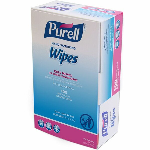 PURELL&reg; On-the-go Sanitizing Hand Wipes - 5" x 7" - Clear - Alcohol Based, Fragrance-free - 100 / Box