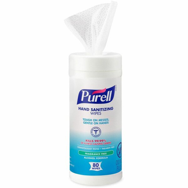 PURELL&reg; Alcohol Hand Sanitizing Wipes - White - Pre-moistened, Durable, Lint-free, Textured, Fragrance-free, Dye-free, Non-sticky, Residue-free - For Hand - 80 Per Canister - 1 Each