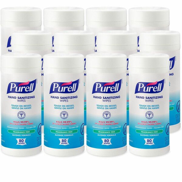 PURELL&reg; Alcohol Hand Sanitizing Wipes - White - Pre-moistened, Durable, Lint-free, Textured, Fragrance-free, Dye-free, Non-sticky, Residue-free - For Hand - 80 Per Canister - 12 / Carton