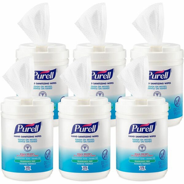PURELL&reg; Alcohol Hand Sanitizing Wipes - 6" x 7" - White - Residue-free, Dye-free, Fragrance-free, Non-sticky, Non-irritating, Non-irritating, Hypoallergenic, Durable, Pre-moistened, Lint-free, Textured - For Hand - 175 Per Canister - 6 / Carton
