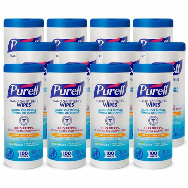 PURELL&reg; Sanitizing Wipes - Fresh Citrus - White - Durable, Lint-free, Moisturizing - For Hand - 100 Per Canister - 12 / Carton