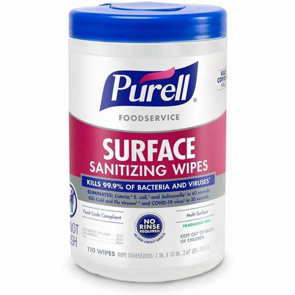 PURELL&reg; Foodservice Surface Sanitizing Wipes - Ready-To-Use - 10" Length x 7" Width - 110 / Canister - 1 Each