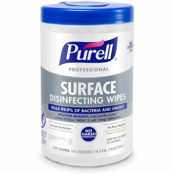 PURELL&reg; Professional Surface Disinfecting Wipes - Ready-To-Use - Fresh Citrus Scent - 8" Length x 7" Width - 110 / Canister - 1 Each