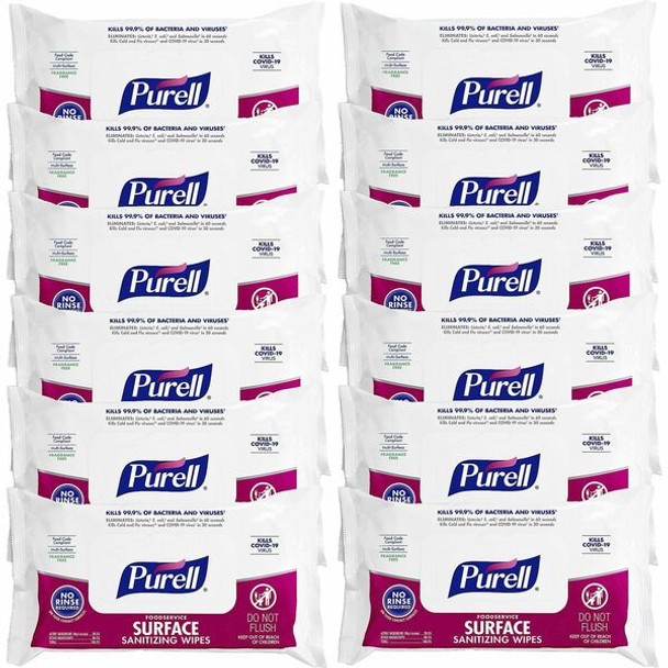 PURELL&reg; Foodservice Surface Sanitizing Wipes - White - Pre-moistened, Easy to Use, Chemical-free, Fragrance-free, Portable, Resealable - For Food Service - 72 Per Packet - 12 / Carton