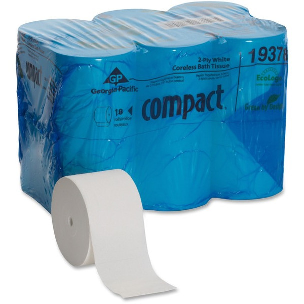 Compact Coreless Recycled Toilet Paper - 2 Ply - 4.05" x 3.85" - 1500 Sheets/Roll - 5.75" Roll Diameter - White - Soft - 18 / Pack
