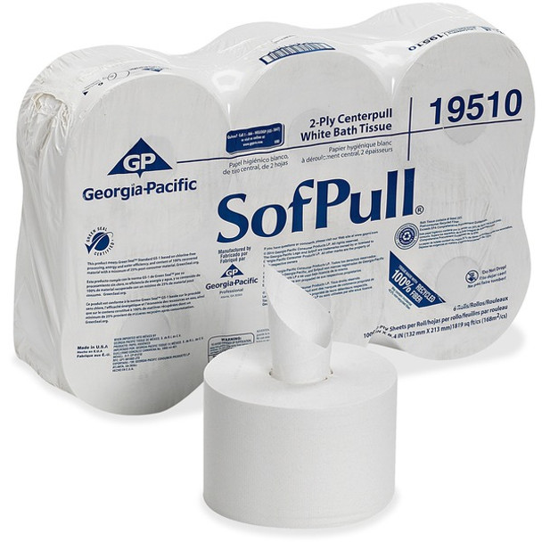 SofPull Centerpull High-Capacity Toilet Paper - 2 Ply - 5.25" x 8.40" - 1000 Sheets/Roll - 8.10" Roll Diameter - White - Perforated, Soft, Chlorine-free, Center Pull - For Bathroom - 6 / Carton