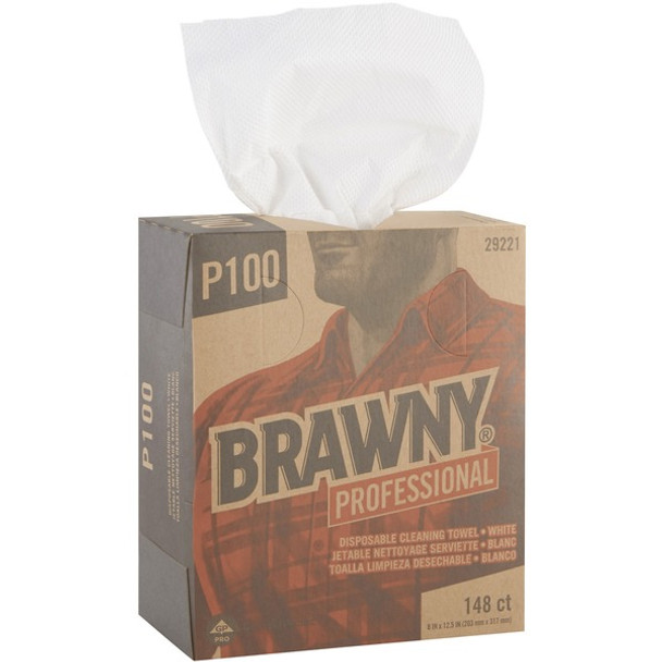 Brawny&reg; Professional P100 Disposable Cleaning Towels - 12.50" Length x 8" Width - 148 / Box - 20 / Carton - White