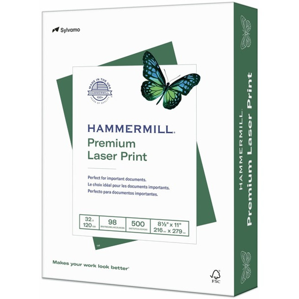 Hammermill Premium Laser Print Paper for Color Copiers & Laser Printers - White - 98 Brightness - Letter - 8 1/2" x 11" - 32 lb Basis Weight - Ultra Smooth - 8 / Carton - Sustainable Forestry Initiative (SFI) - White