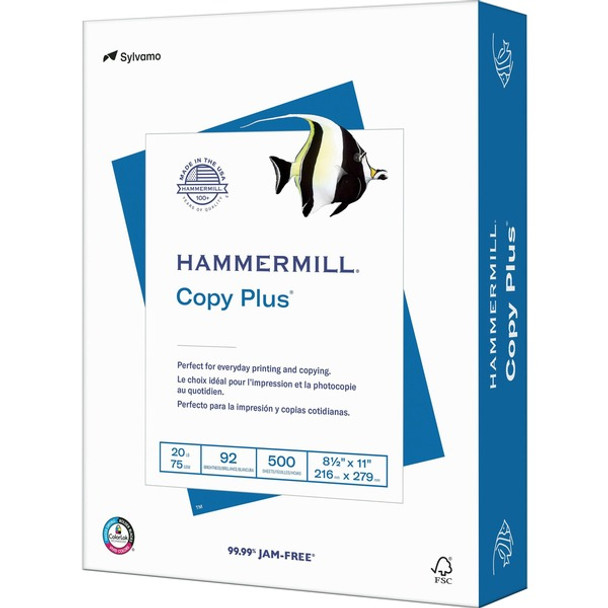 Hammermill Copy Plus Paper - White - 92 Brightness - Letter - 8 1/2" x 11" - 20 lb Basis Weight - 500 / Ream - Acid-free, Quick Drying - White
