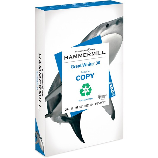 Hammermill Great White Recycled Copy Paper - White - 92 Brightness - Legal - 8 1/2" x 14" - 20 lb Basis Weight - 1 / Ream - Acid-free, Moisture Resistant, Archival-safe, Jam-free - White