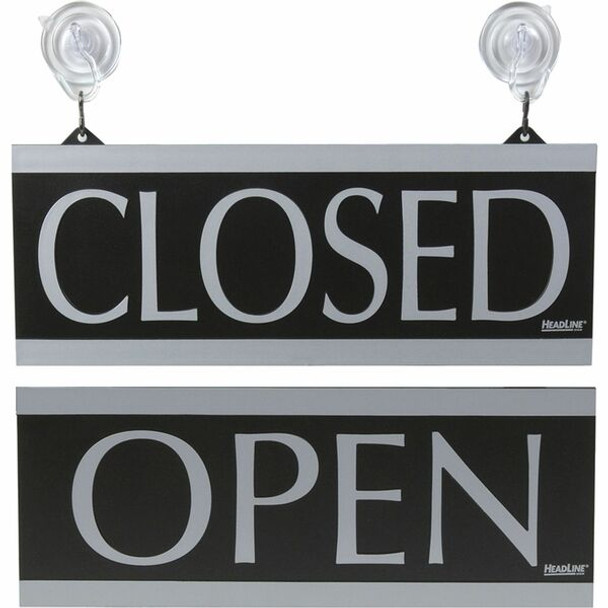 Headline Signs Century Series OPEN/CLOSED Sign - 1 Each - Open/Closed Print/Message - 13" Width5" Depth - Silver Print/Message Color - Yes - Reversible, Suction Cup - Gray