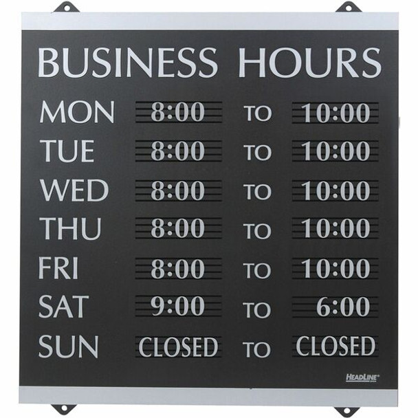 Headline Signs Business Hours Sign - 1 Each - Business Hours Print/Message - 14" Width13" Depth - Heavy Duty, Durable - Plastic - Black, Gray