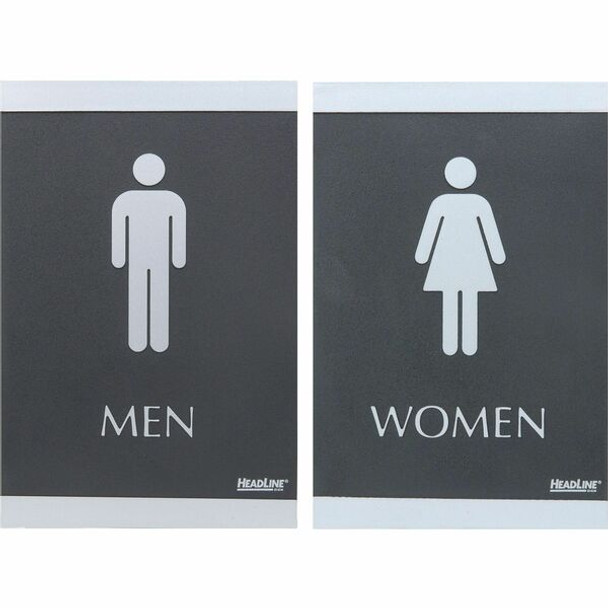 Headline Signs ADA MEN/WOMEN Restroom Sign - 1 Set - Men, Women Print/Message - 6" Width9" Depth - Rectangular Shape - Silver Print/Message Color - Adhesive Backing, Durable, Pictogram, Self-adhesive, Braille - Plastic - Black, Gray
