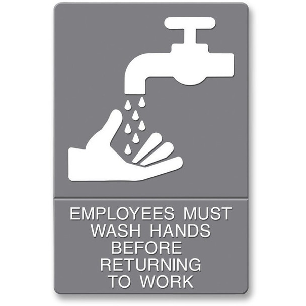 Headline Signs Employees Wash Hands Sign - 1 Each - EMPLOYEES MUST WASH HANDS BEFORE RETURNING TO WORK Print/Message - 6" Width9" Depth - Adhesive Backing, Durable, Pictogram - Plastic - White, Gray