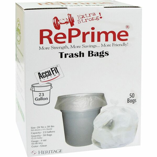 Heritage Accufit RePrime Trash Bags - 23 gal Capacity - 28" Width x 45" Length - 0.90 mil (23 Micron) Thickness - Low Density - Clear - Linear Low-Density Polyethylene (LLDPE) - 50/Box - Waste Disposal, Garbage