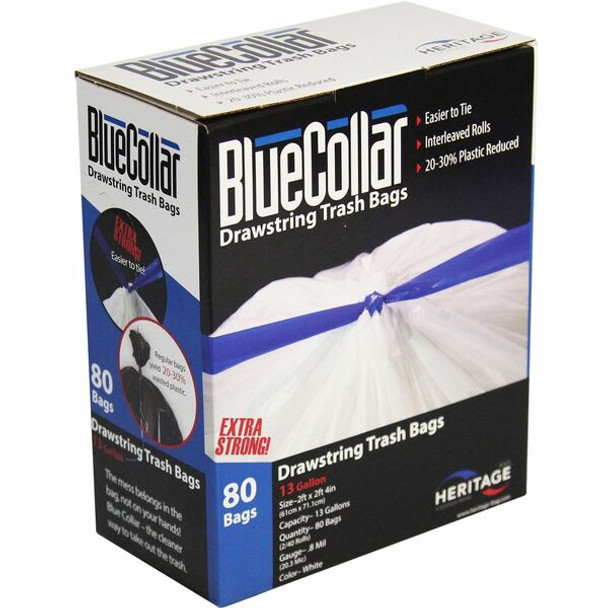 BlueCollar 13-gallon Drawstring Trash Bags - 13 gal Capacity - 24" Width x 28" Length - 0.80 mil (20 Micron) Thickness - Drawstring Closure - White - 80/Box - Garbage
